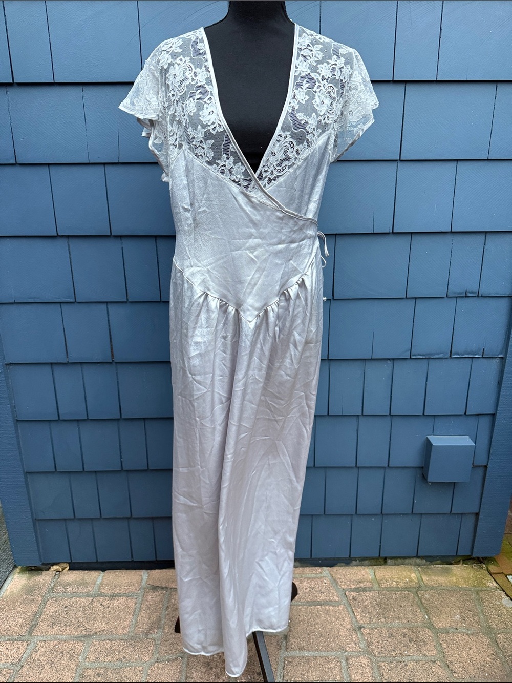 Vintage Chic and Shock Silver Lace-Trim Wrap Maxi Dress 42 or L/XL nightgown